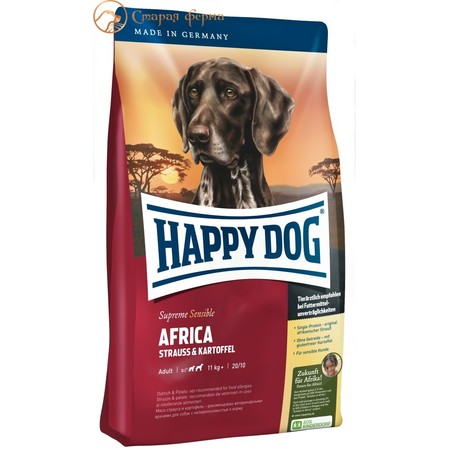 0243c000 Сухой корм Happy Dog Africa для взрослых собак с чувствительным пищеварением или аллергией с мясом страуса