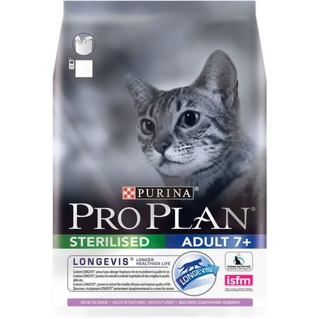 12648c000 Purina Pro Plan для стерилизованных кошек и кастрированных котов старше 7 лет с индейкой - 3 кг