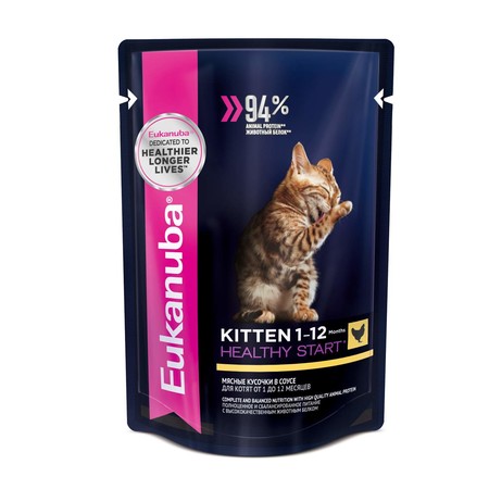 17474c000 Влажный корм Eukanuba Kitten 1-12 Month with Chicken для котят с кусочками курицы в соусе - 85 г