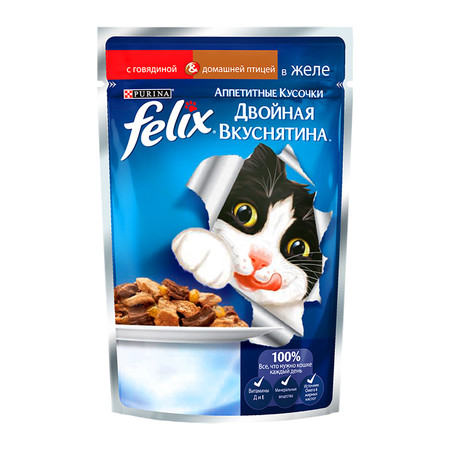 19109c000 Паучи Felix Двойная вкуснятина для взрослых кошек аппетитные кусочки с говядиной и домашней птицей в желе - 85 г