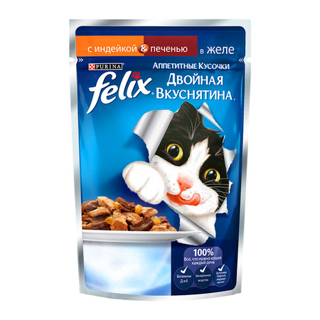 19110c000 Паучи Felix Двойная вкуснятина для взрослых кошек аппетитные кусочки с индейкой и печенью в желе - 85 г