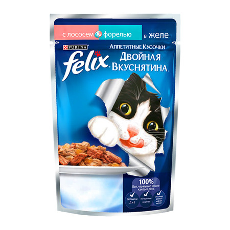 Паучи Felix Двойная вкуснятина для взрослых кошек аппетитные кусочки с лососем и форелью в желе - 85 г