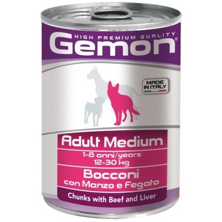 Консервы GEMON Adult Medium для взрослых собак средних пород с кусочками говядины и печени 415 гр х 24 шт