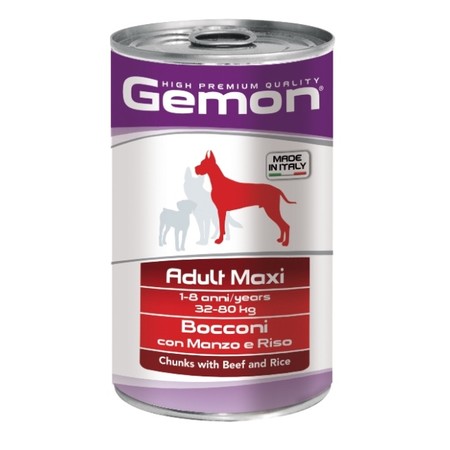 Gemon Dog Maxi консервы для собак крупных пород кусочки говядины с рисом - 1250 гр х 12 шт
