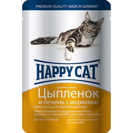Паучи Happy Cat для взрослых кошек с цыпленком и печенью в желе - 100 г