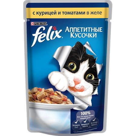 19363c000 Паучи Felix Аппетитные кусочки для взрослых кошек с курицей и томатами в желе - 85 г