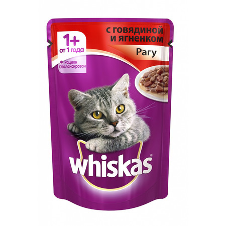 19731c000 Whiskas паучи в форме рагу с говядиной и ягненком для взрослых кошек от 1 года - 85 г