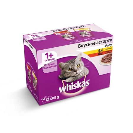 19848c000 Whiskas набор-ассорти из влажных кормов для взрослых кошек в виде нежных мясных кусочков курицы и говядины с ягненком в аппетитном рагу - 85 г х 12 шт