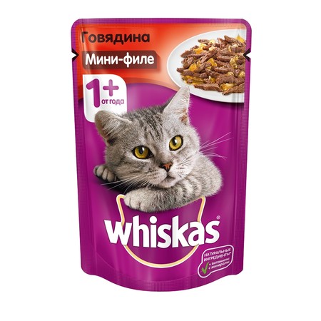 Whiskas паучи в форме мини-филе с говядиной для взрослых кошек от 1 года - 85 гр х 24 шт