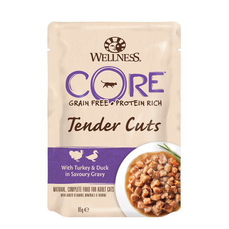 Влажный корм Wellness Core для кошек с нежными кусочками индейки и утки в пикантном соусе в паучах - 85 г