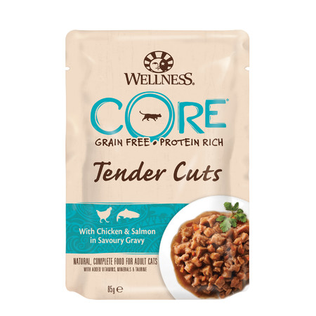23499c000 Влажный корм Wellness Core для кошек с нежными кусочками курицы и лосося в пикантном соусе в паучах - 85 г