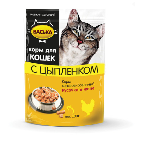 24282c000 Влажный корм Васька кусочки в желе для кошек с цыпленком в паучах - 100 г