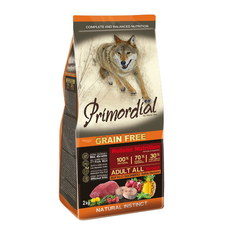 26070c000 Сухой беззерновой корм Primordial для взрослых собак с мясом буйвола и макрелью