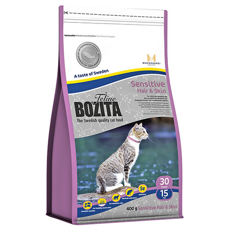 27501c000 Bozita Sensitive Hair & Skin сухой корм для взрослых кошек для здоровой кожи и шерсти с курицей и лососем - 400 г