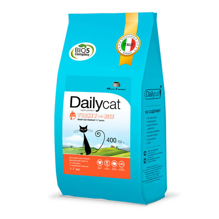 30593c000 Сухой корм Dailycat Adult Hairball Turkey and Rice для взрослых кошек для вывода шерсти из желудка с индейкой и рисом - 400 г