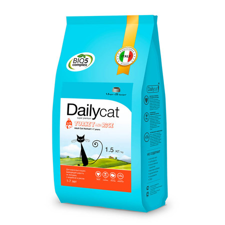 Сухой корм Dailycat Adult Hairball Turkey and Rice для взрослых кошек для вывода шерсти из желудка с индейкой и рисом - 1.5 кг