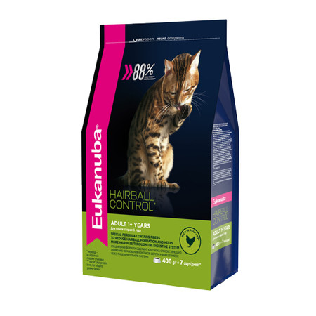 31399c000 Сухой корм Eukanuba Cat Hairball для взрослых кошек для вывода шерсти из желудка с домашней птицей - 400 г
