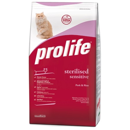31935c000 Prolife Cat Adult Sterilized Sensitive сухой корм для чувствительных и/или стерилизованных кошек со свининой и рисом - 400 г