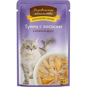 35072c000 Деревенские лакомства влажный корм для кошек с тунцом и лососем в желе - 70 г