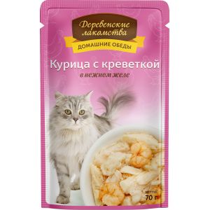 35075c000 Деревенские лакомства влажный корм для кошек с курицей и креветкой в желе - 70 г