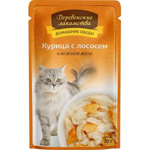 Деревенские лакомства влажный корм для кошек с курицей и лососем в желе - 70 г
