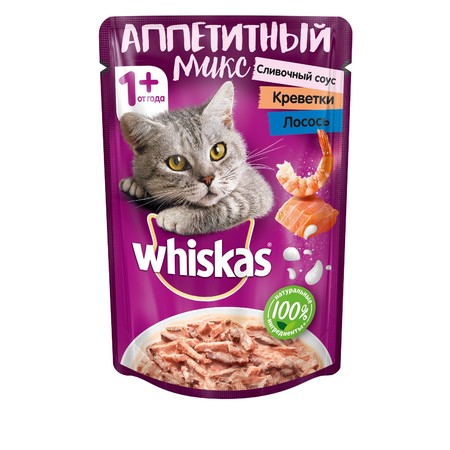 37115c000 Whiskas Аппетитный микс влажный корм для кошек с лососем и креветками в сливочном соусе - 85 г