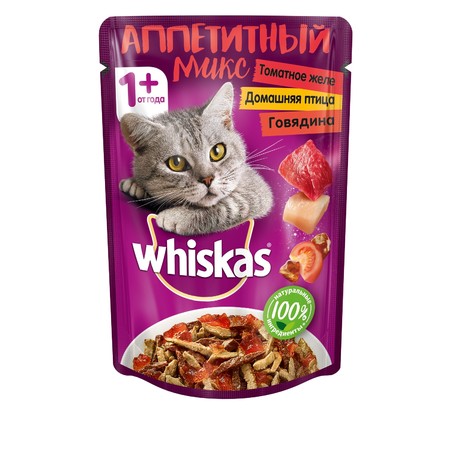 37116c000 Whiskas Аппетитный микс влажный корм для кошек с птицей и говядиной в томатном желе - 85 г