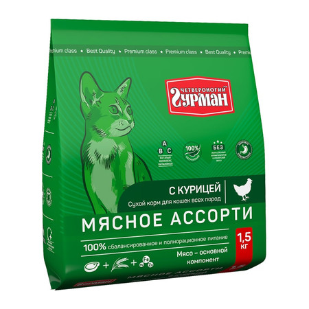 37393c000 Сухой корм Четвероногий гурман Мяссное ассорти для кошек с курицей - 1